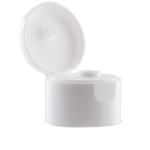 "28 410 flip top cap on PET bottle showing leak-proof hinge design" (Tapa abatible 28 410 en botella de PET con bisagra a prueba de fugas)