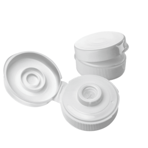 flip top cap with silicone valve on bottles, PET packaging, 24/410 closures, duckbill silicone insert