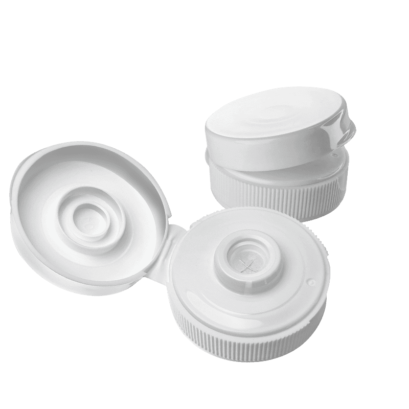 flip top cap with silicone valve on bottles, PET packaging, 24/410 closures, duckbill silicone insert