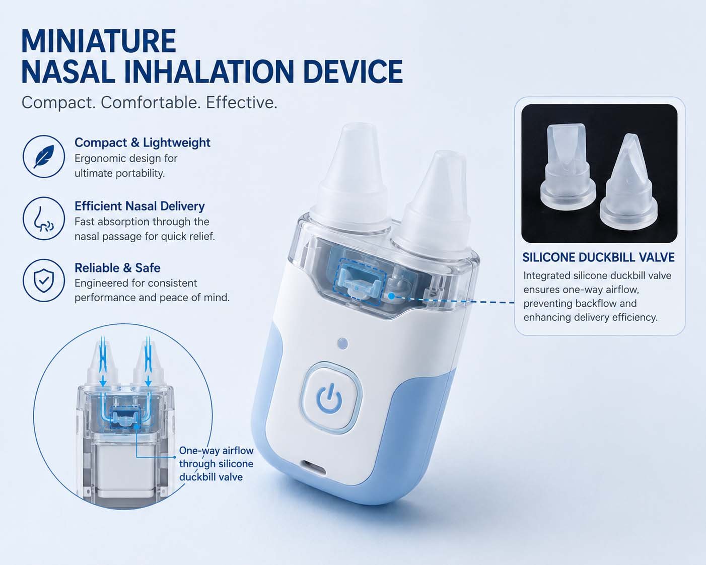 miniature silicone duckbill valve for nasal inhalation device