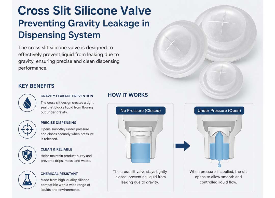 Cross slit silicone valve preventing gravity leakage in dispensing system