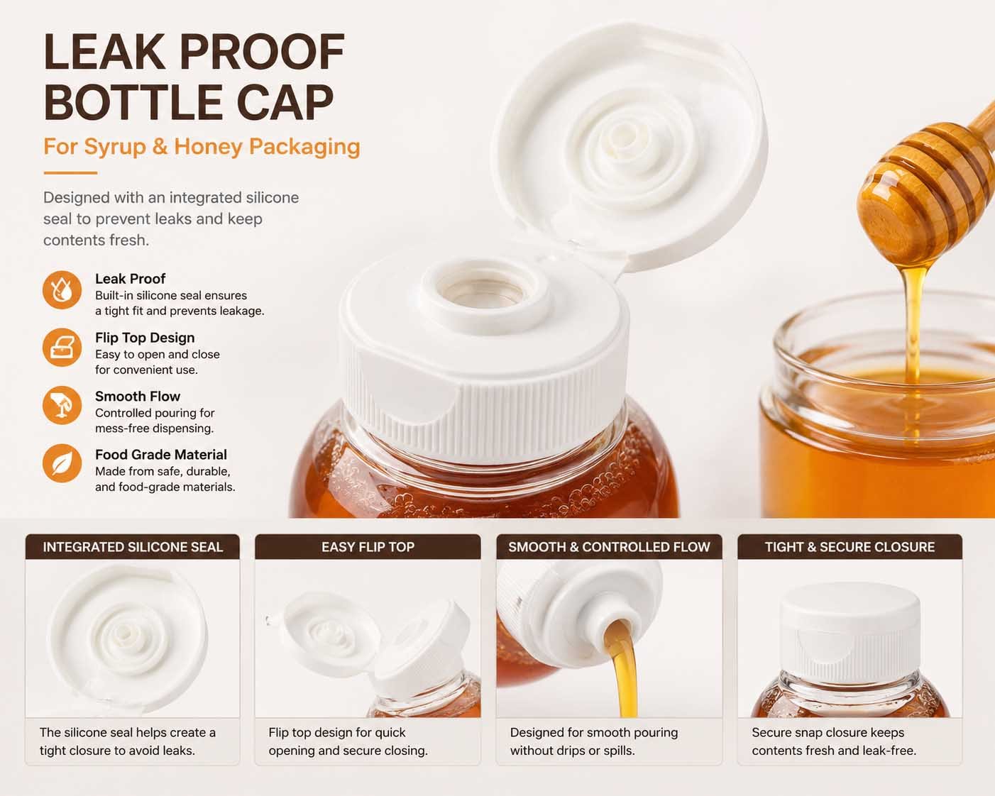 leak proof bottle cap for syrup and honey packaging